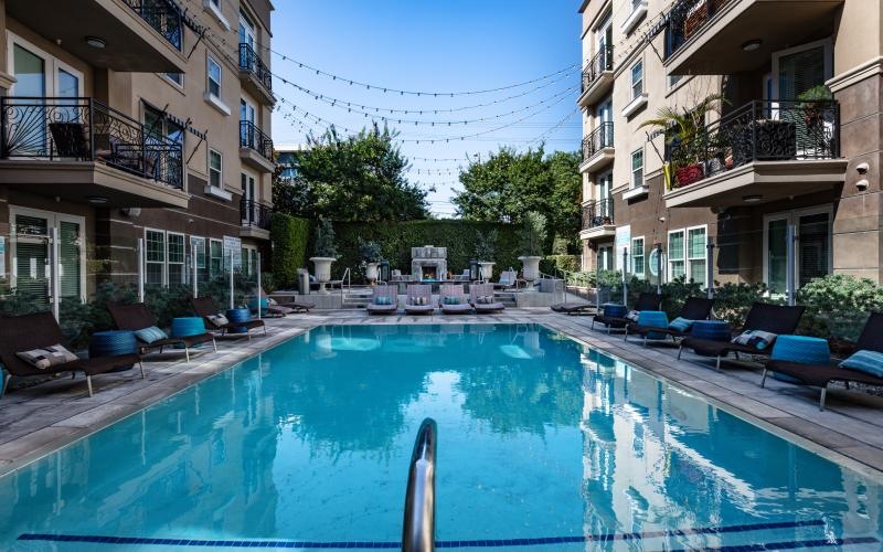 a swimming pool in a courtyard